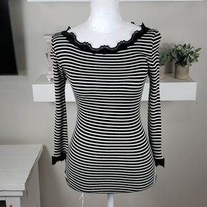Rosemunde silk and cotton Black & White Striped Lace-Trim Long Sleeve Top